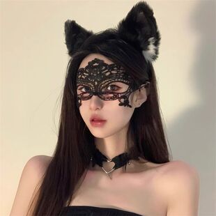 Halloween Masked Masquerade Ball Collar Cat Ear Sexy Lace Hollow Crochet Eye Mask Princess Cos-Covered Women