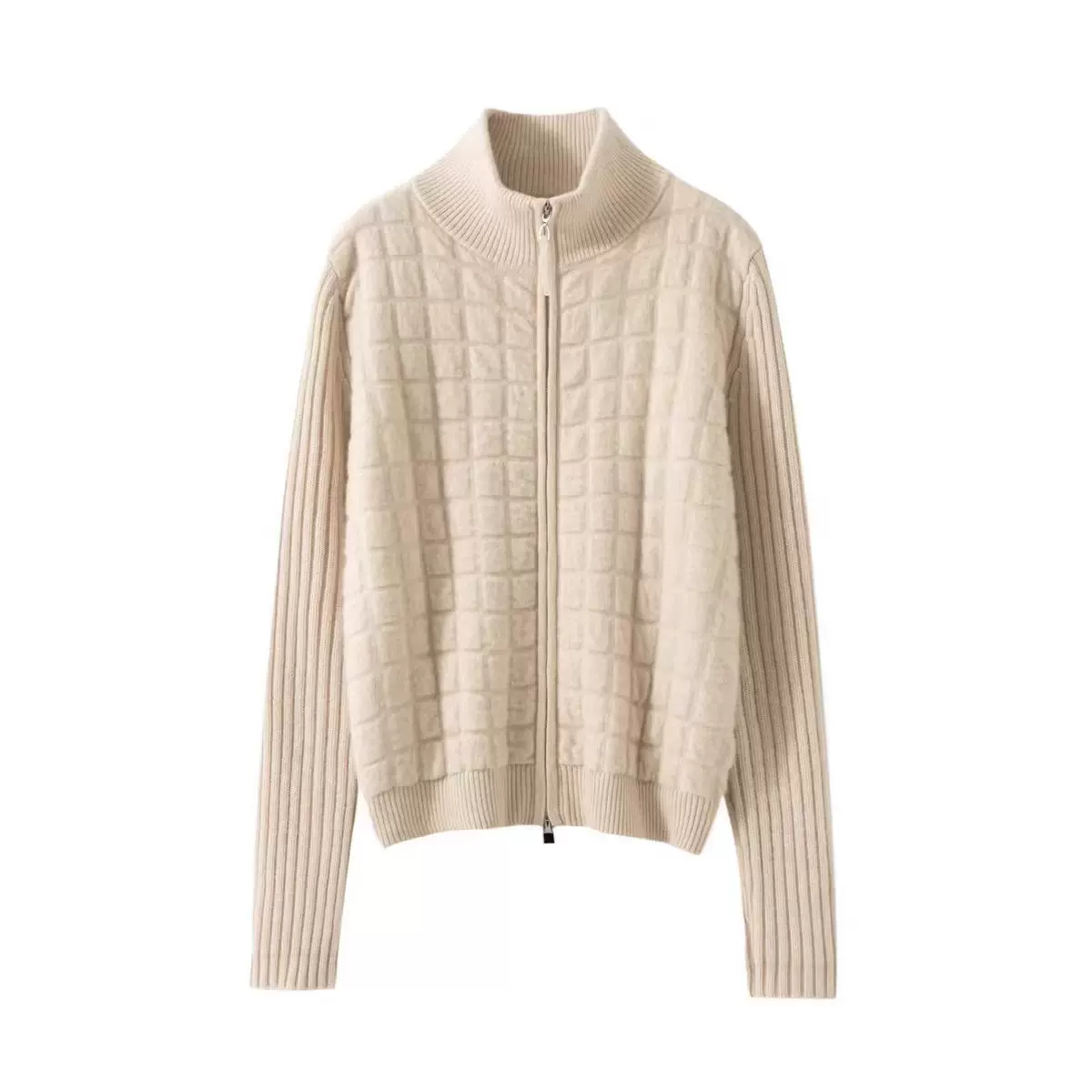 高奢100%纯山羊绒衫女高领双拉链华夫格针织开衫毛衣外套新款棉服