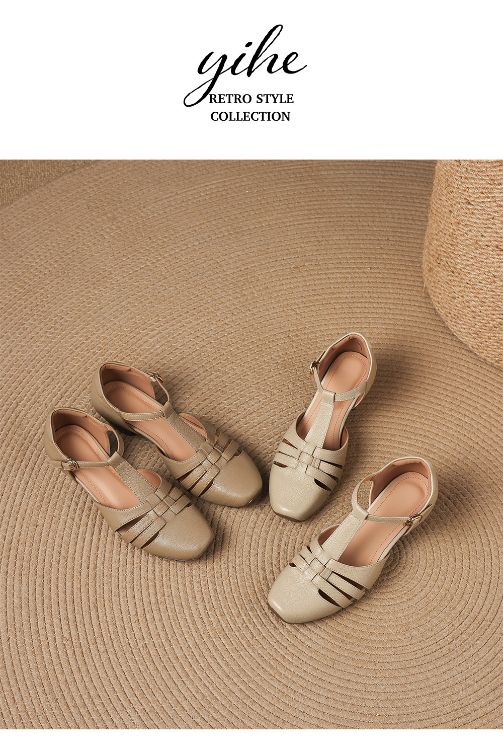 Sandal nữ da cừu dệt bao đầu mũi vuông gót dày 3.5cm quai ngang kiểu La Mã — màu trắng ngà chi tiết 13