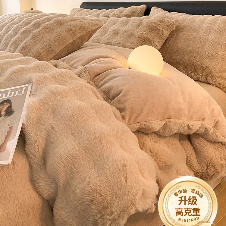 Cama de terciopelo de leche de cuatro piezas de terciopelo de conejo de imitación de alta gama, funda de edredón de sábana de invierno de terciopelo de coral de doble cara gruesa 2025 nuevo