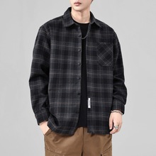 磨毛加厚衬衫男保暖格子长袖重磅复古宽松毛呢衬衣休闲外套潮秋冬