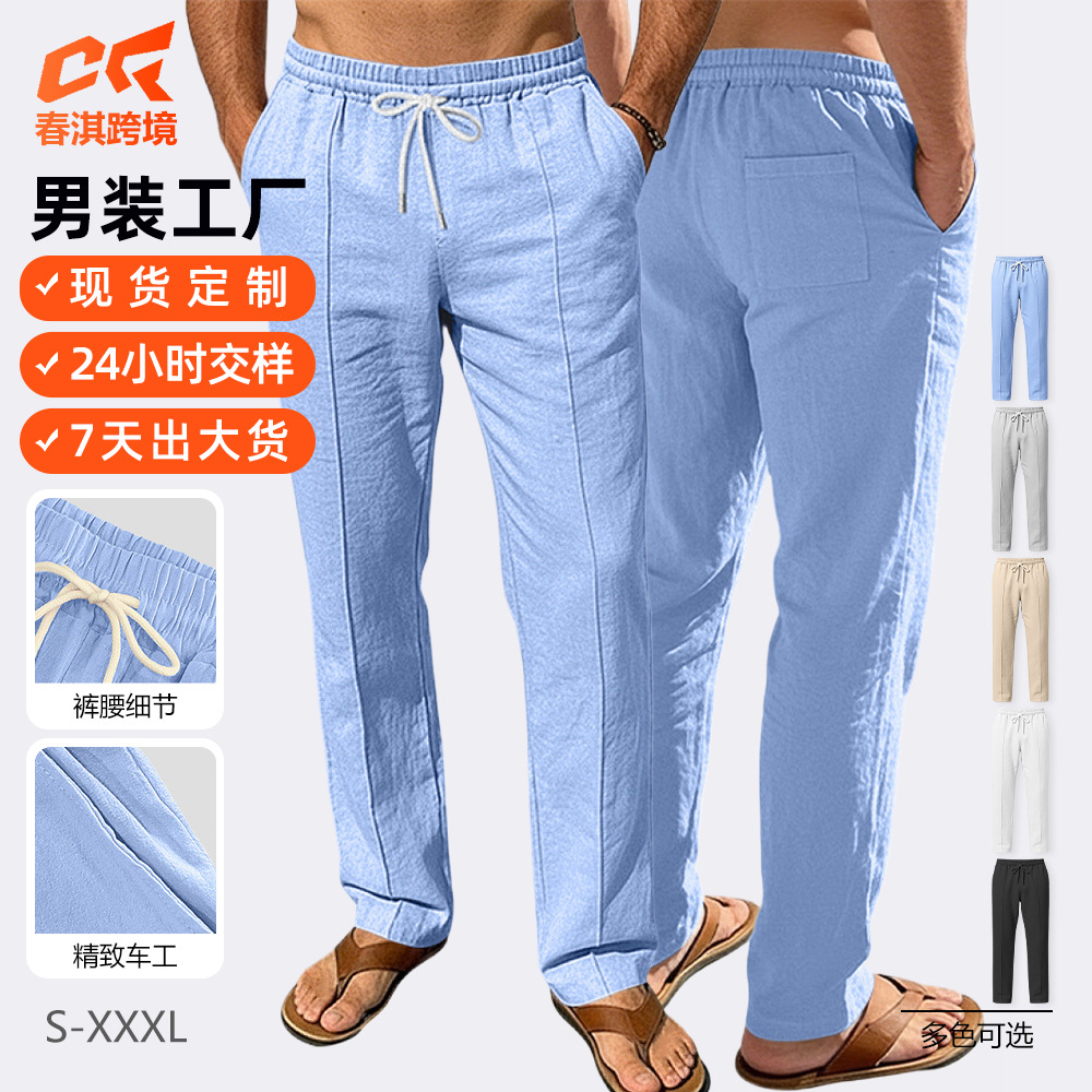 Europa y los Estados Unidos transfronterizos de lino transpirables pantalones de piernas largas para hombres verano y otoño delgados deportivos sueltos rectos pantalones casuales para hombres