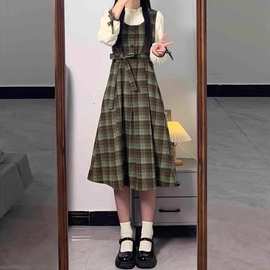 绿格森系复古假两件泡泡袖连衣裙收腰拼接显瘦长裙子女学生春秋季