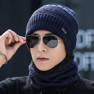 Wool Hat Men's Holly Year Warm Thickened Knitted Wool Hat Korean Style Fashionable fleece-lined Winter Cotton Hat Cold-proof Pullover