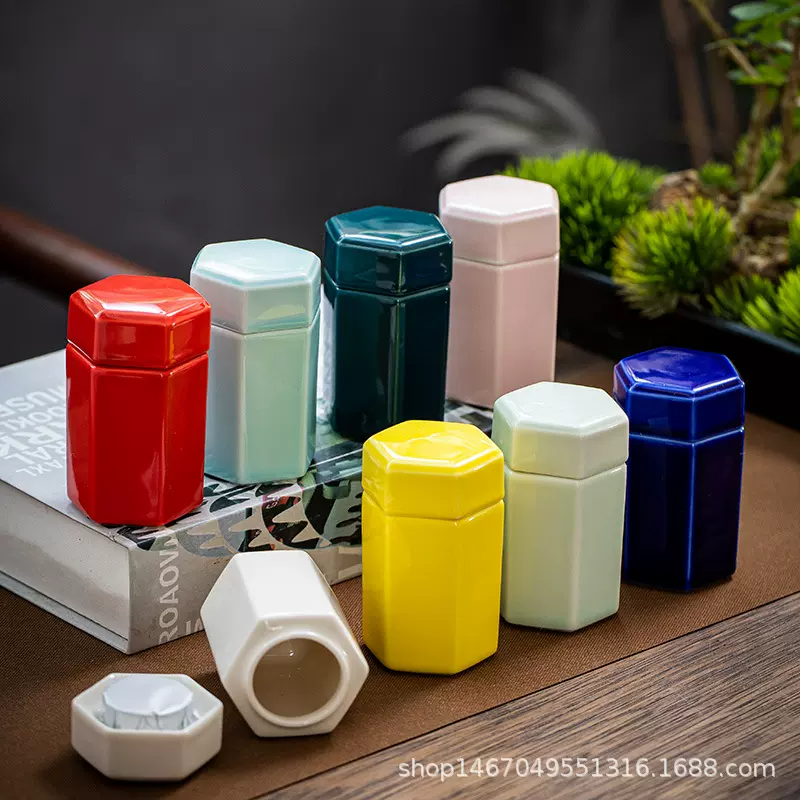 陶瓷迷你小茶罐胭脂唇膏罐密封小药罐古式口脂罐陶瓷六边形香粉瓶