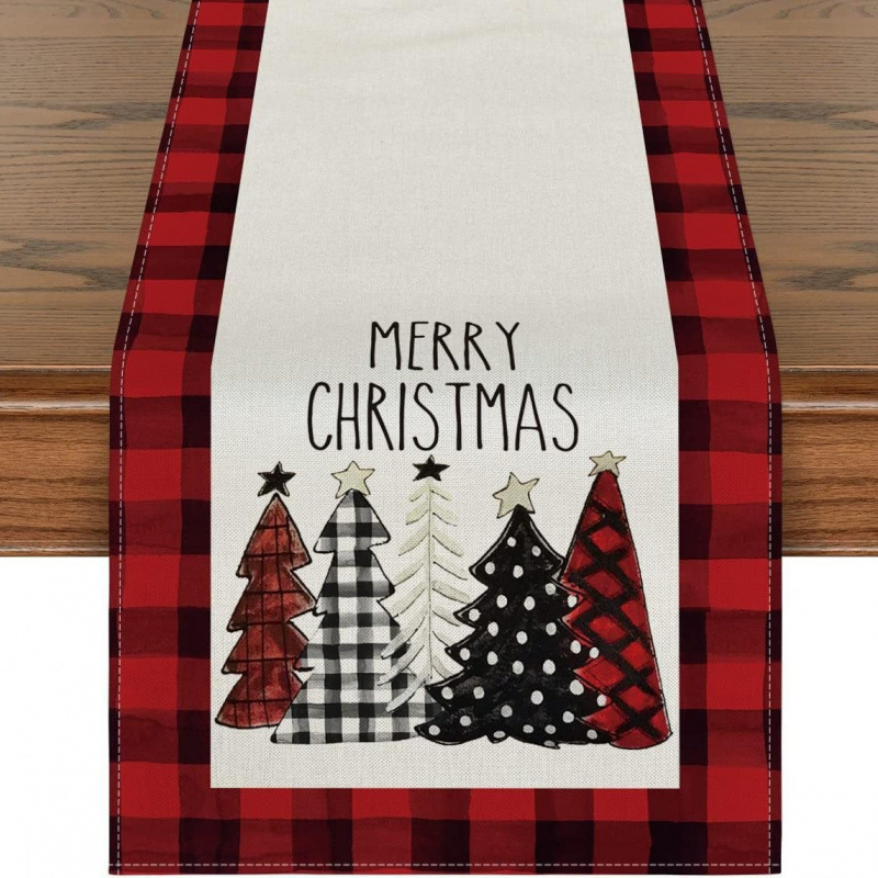 Camino de mesa navideño con estampado de muñeco de nieve y Santa