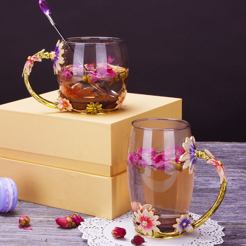 珐琅彩玻璃杯耐高温水杯套装花茶杯高颜值杯早餐高档礼品