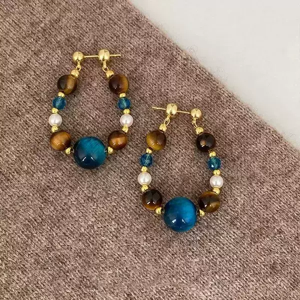 Cross-border light luxury vintage tiger eye stone beaded earrings for women, versatile and elegant blue pearl earrings with a high-end feel