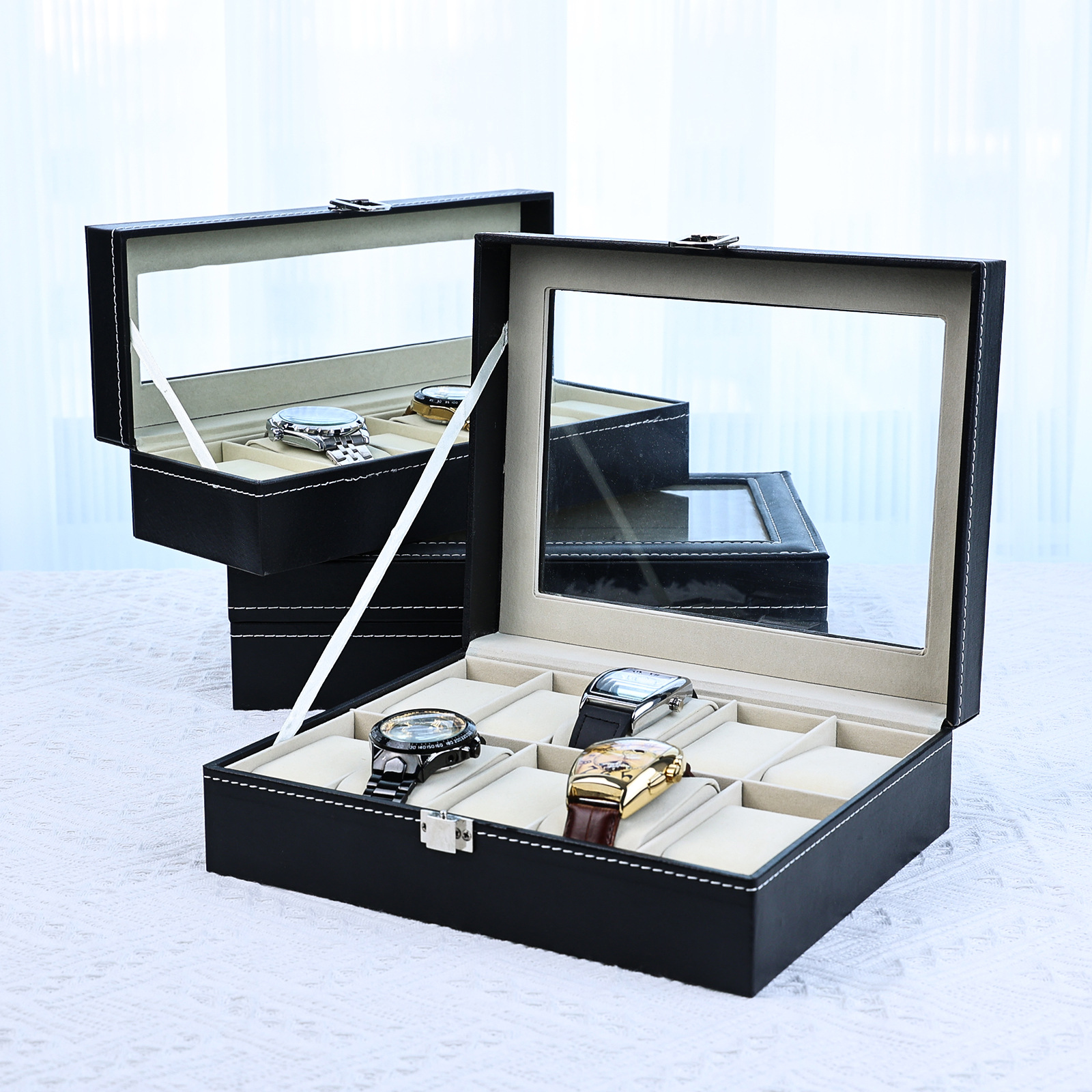 Dejiao pu reloj de cuero bandeja de exhibición en stock reloj caja de almacenamiento contador coche línea artesanía simple y elegante