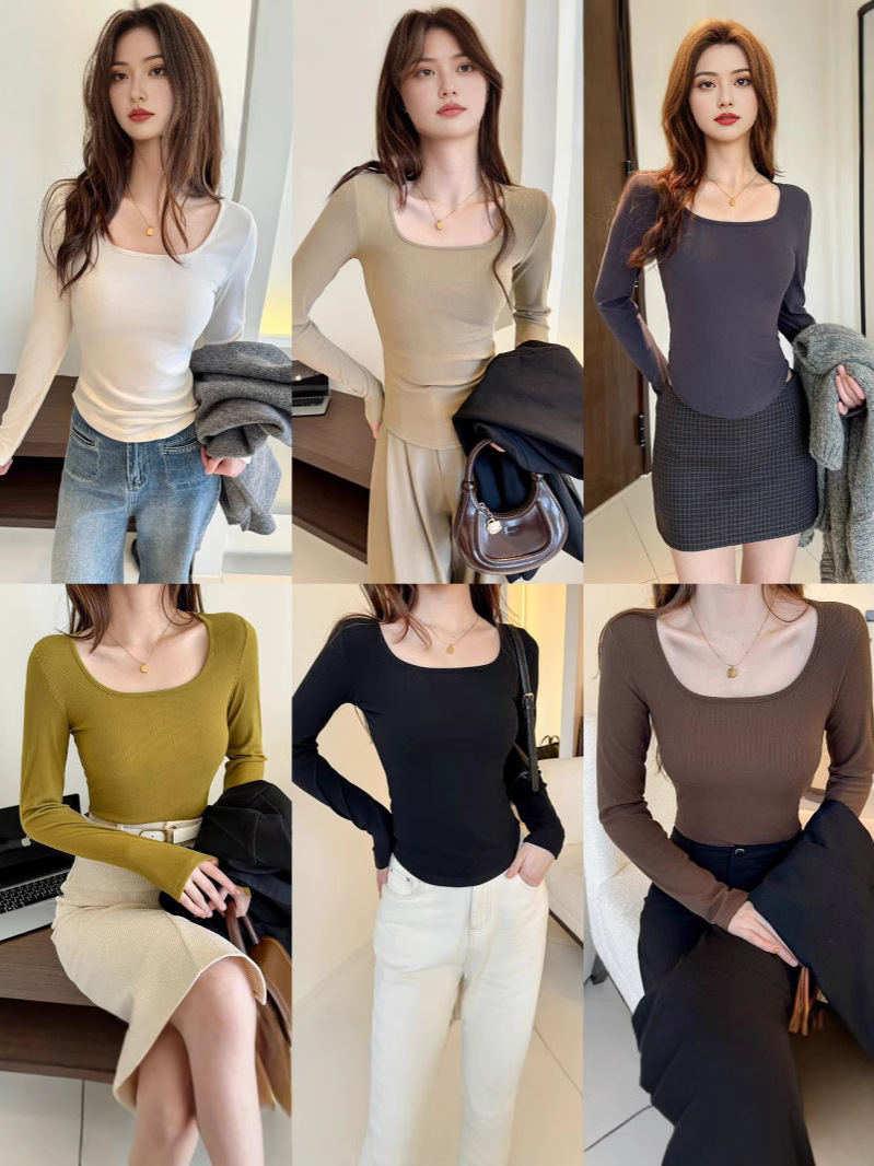 ネジネックの高品質モーデール純色のボトムシャツの女性春と秋には、肩の長袖tシャツの上着を着て底を打ちます。