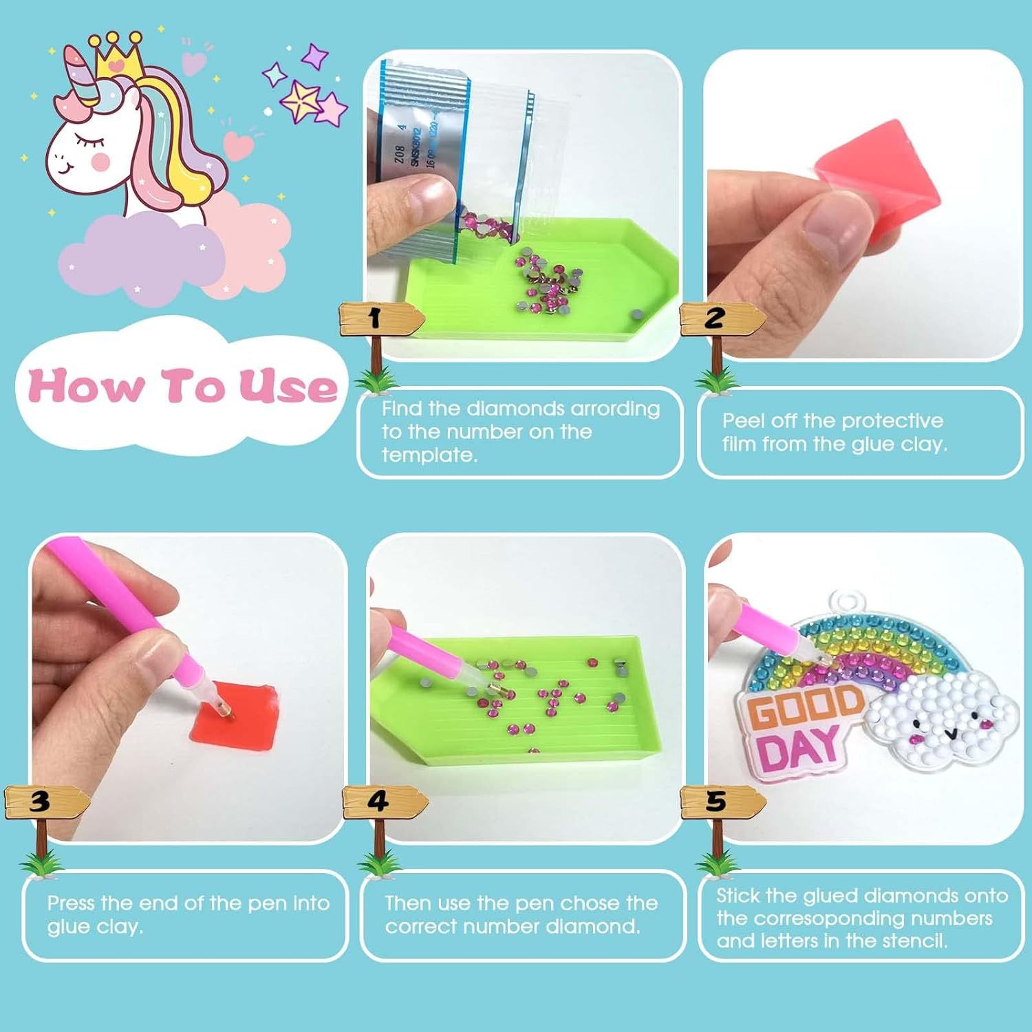 Llavero de pintura de diamantes de dibujos animados, hecho a mano, DIY, con puntos de diamantes, pegatina de diamantes para niños, colgante acrílico de unicornio para mochila