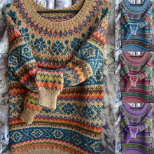 跨境外面欧美新款圆领套头毛衣女复古长袖针织衫宽松上衣F5J396