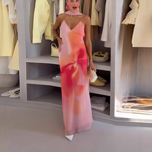 欧美跨境2025夏季时尚新款女装性感辣妹V领印花吊带连衣裙长裙女