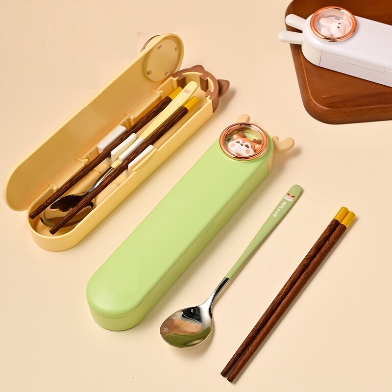Chicken Wing Wooden Chopsticks 304 Spoon suit Portable Tableware Three-piece Set Children and Primary School Students Special Take-out Storage Box
