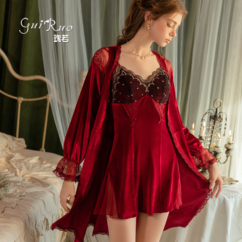 Gorgeous Sexy Slim-Fit Velvet Lace Nightgown with Deep V-Neck and Padded Bust, Alluring Sleepwear Set C6834 Gorgeous Sexy Slim-Fit Velvet Lace Nightgown with Deep V-Neck and Padded Bust, Alluring Sleepwear Set C6834