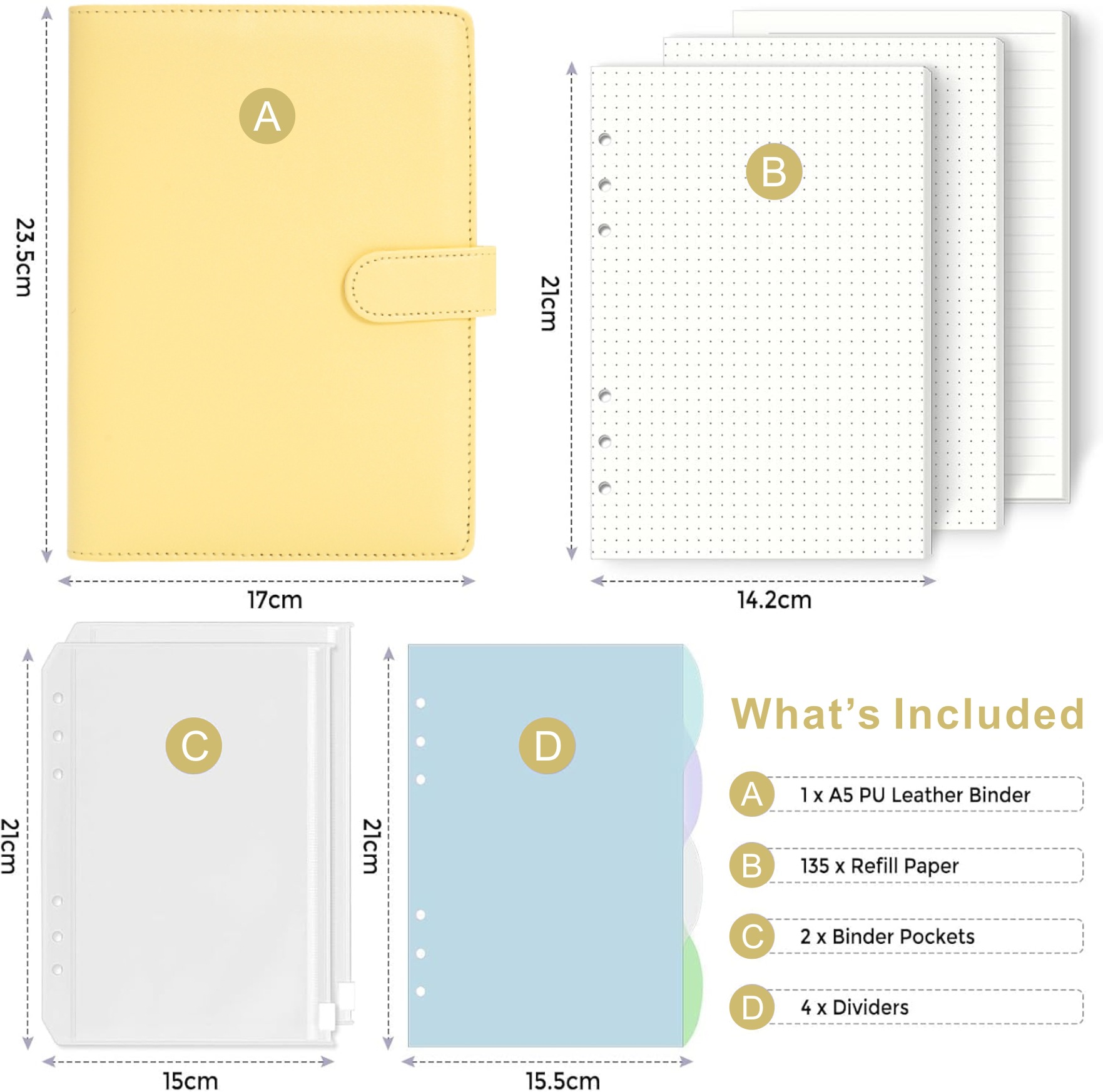 A5 마카롱-옐로우 (지퍼백 2개 + 컬러 페이지 카드 4개 + 도트 매트릭스 90개 + 가로선 45개)