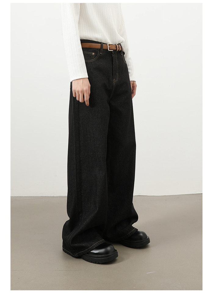 Quần jean nam ống rộng giặt nước phong cách Hàn, cạp vừa lưng thẳng — Denim đen, Màu đen, Ngụy trang màu mơ, Xanh lam cổ điển chi tiết 21