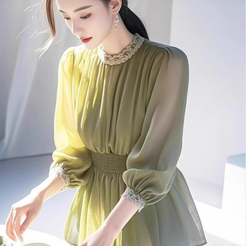 Yellow French Chiffon Shirt 2025 Spring New Women's Popular This Year's Pretty Little Shirt Lace Top