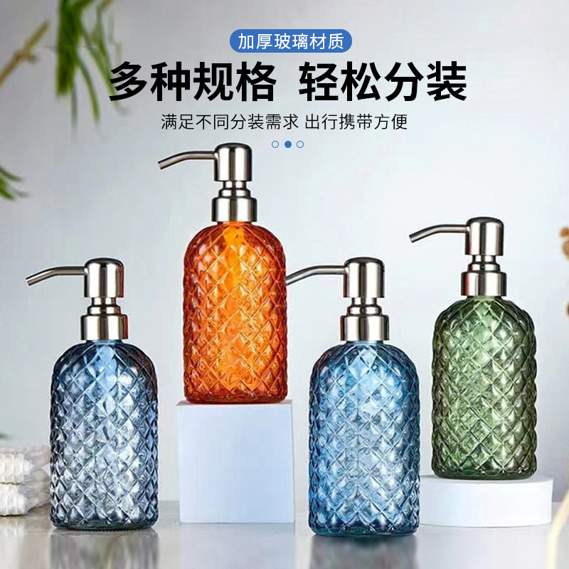 Botella de desinfectante de manos de presión mayorista pequeña botella de jabón de vidrio diamante tipo piña para el baño champú de baño