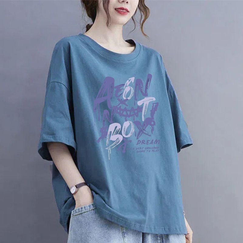 100kg 夏大きいサイズの純綿 Tシャツ半袖ルーズお腹カバーシャツアウターウェア痩身カバーフlesh ラウンドネックトップ女性用|undefined