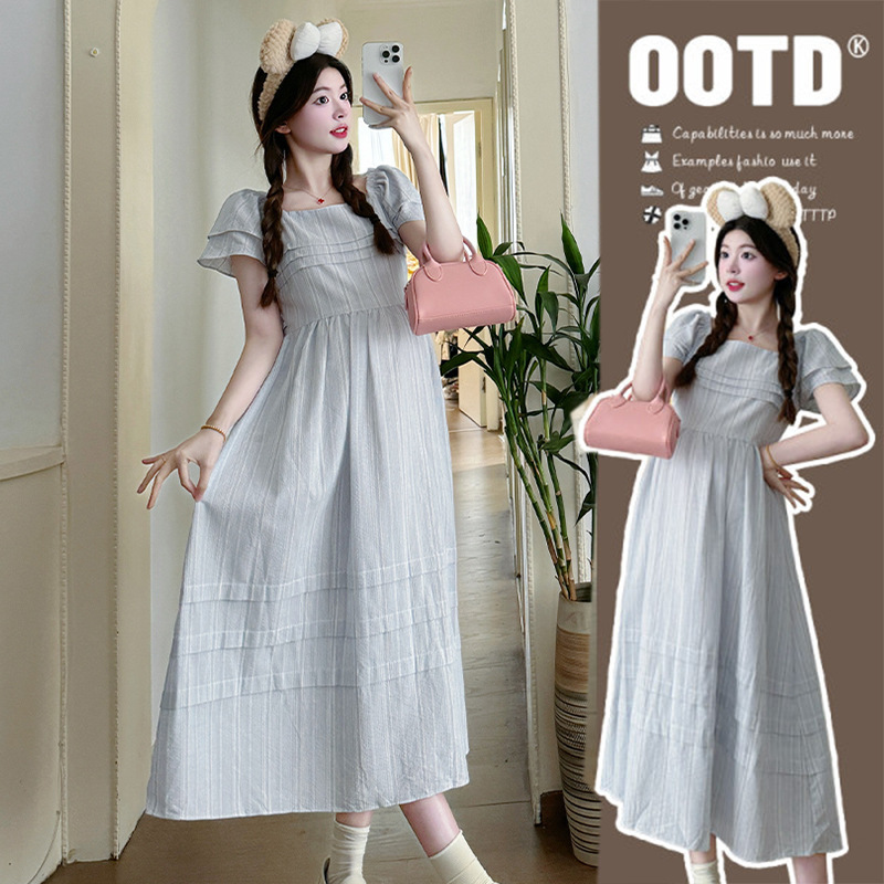 Maternity dress 2024 Summer new fashion French flying sleeve off-shoulder two-way wear sweet temperament slimming dress