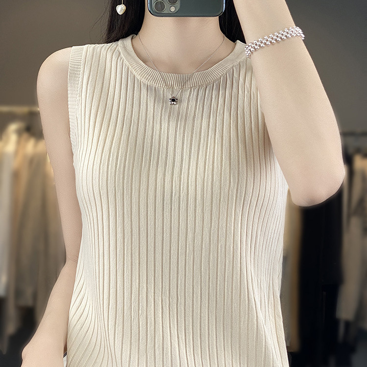 Cross-Border Wholesale Spring and Summer Round Neck Sleeveless Camisole Knit Top for Women, Slim Fit Ice Silk Top
