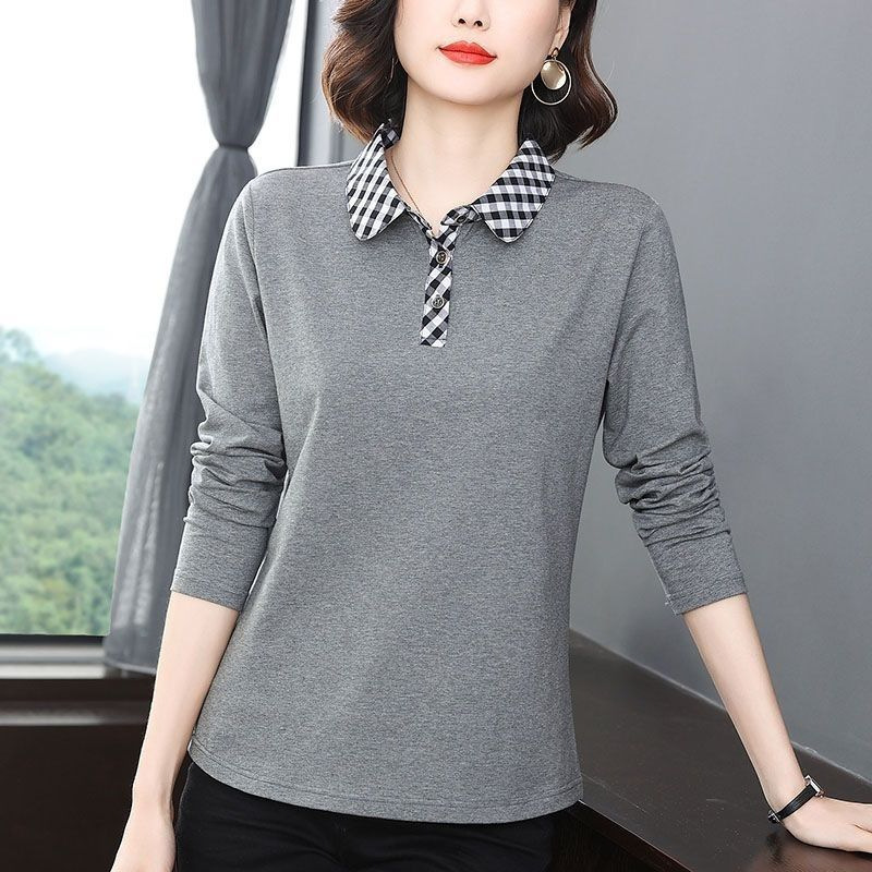 Pure Cotton Long-Sleeved T-Shirt 2024 New Autum Women's Collared Middle-Aged Mother Plaid Polo Shirt Loose Long-Sleeved Pure Cotton Long-Sleeved T-Shirt 2024 New Autum Women's Collared Middle-Aged Mother Plaid Polo Shirt Loose Long-Sleeved