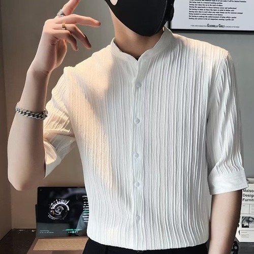 Stand collar seven-inch sleeve men's short-sleeve summer 2024 new men's high-end striped half-sleeve shirt