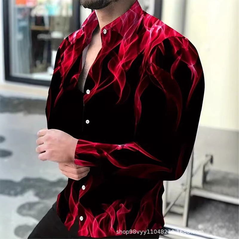 2026 Cross-Border Men's Shirt Fashion Retro Street Texture 3D Digital Print Shirt Long-Sleeved Lapel Shirt Y2