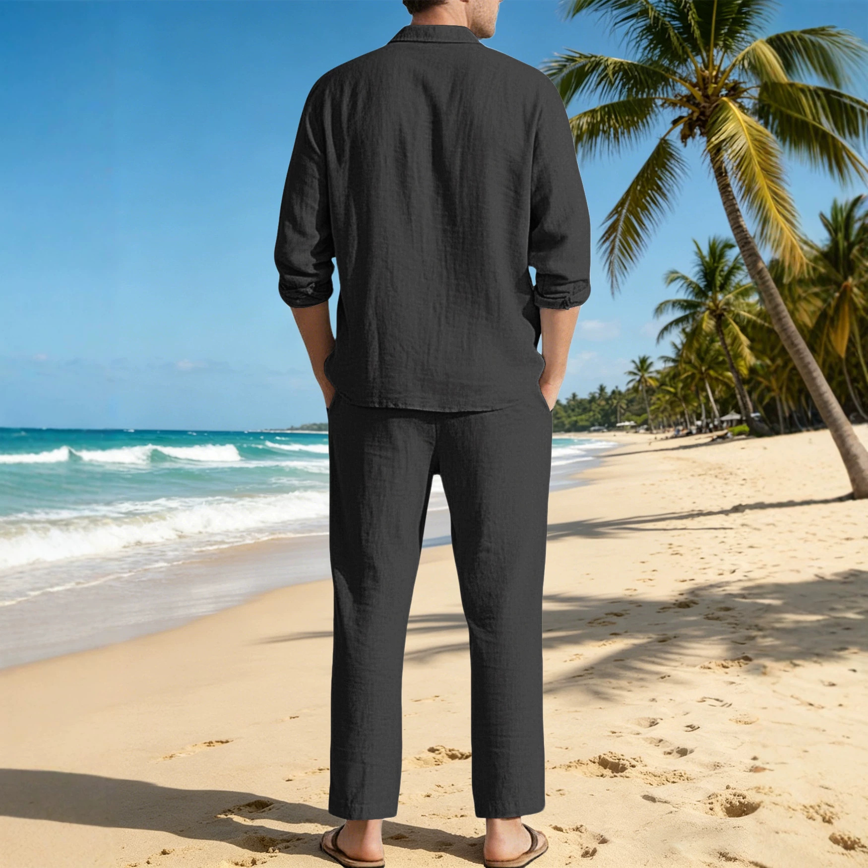 Estación independiente transfronteriza Europa y América cuatro estaciones lino transpirable ocio playa suelta protección solar camisa de mangas largas pantalones largos set hombre