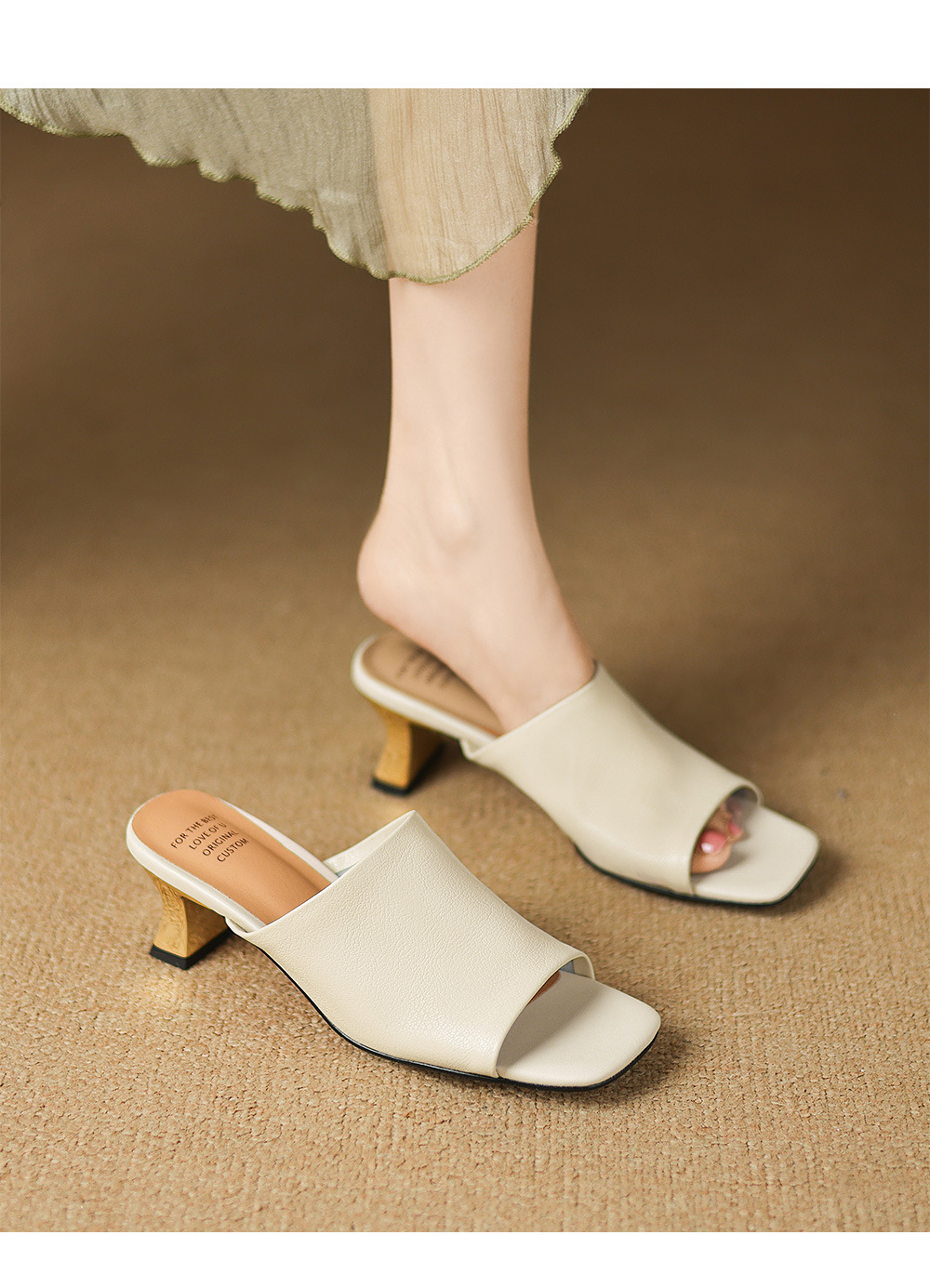Sandal cao gót nữ mũi hở da cừu gót vuông 5 cm — đen chi tiết 10