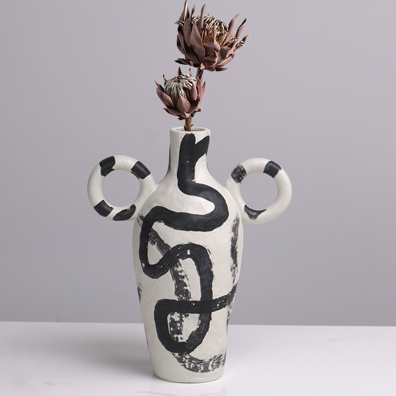 现代花瓶简约北欧极简水墨画树脂摆件花器摆件样板房客厅软装饰品