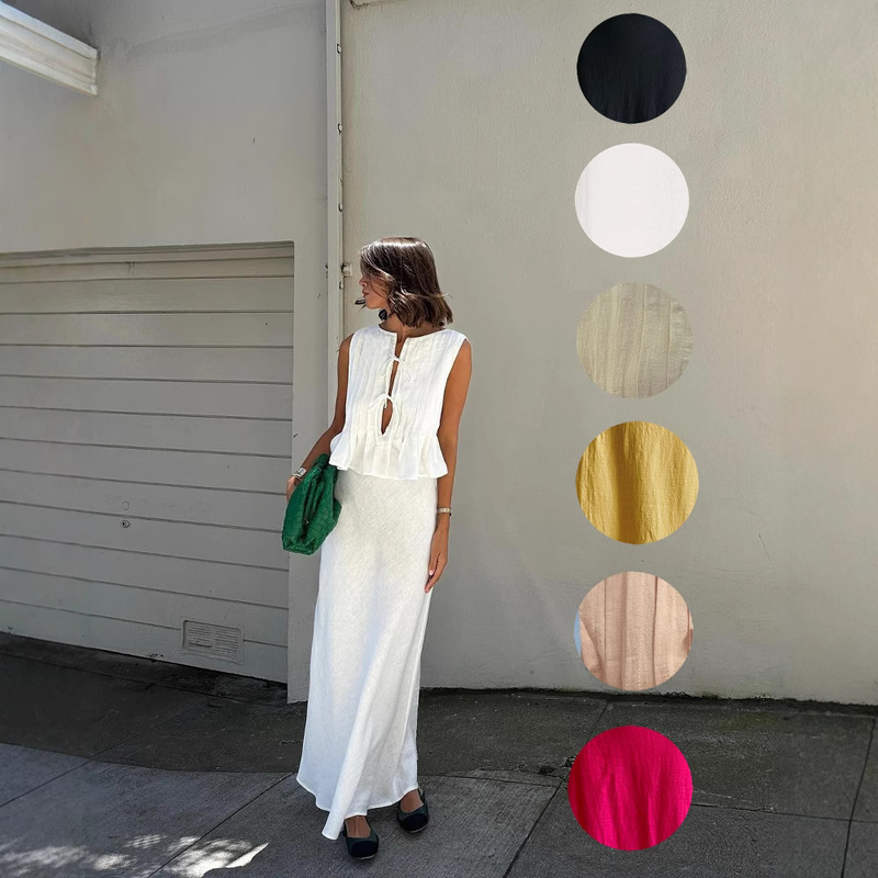 6 Color Qi Code in stock European and American Cross-border Explosions Breathable Cotton and Linen Pleated Sleeveless Strap Blouse High Street Long Dress 6 Color Qi Code in stock European and American Cross-border Explosions Breathable Cotton and Linen Pleated Sleeveless Strap Blouse High Street Long Dress