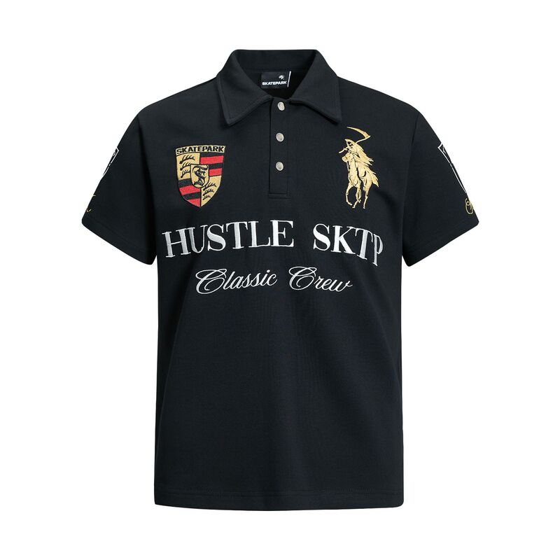 3690 American Retro Bosh International Racing Embroidered Design Lapel Men's High Street Fitted Short-Sleeve T-Shirt