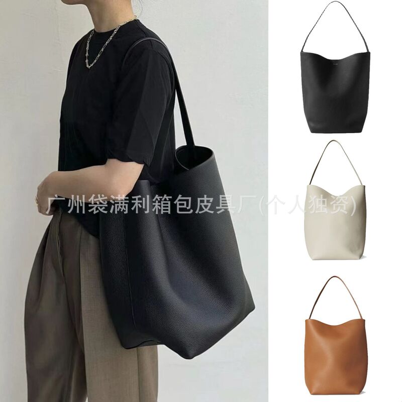 Cross-Border Therow Bucket Bag, Genuine Leather Large-Capacity Tote Bag, High-End Daily Commuting Shoulder Handbag for Women