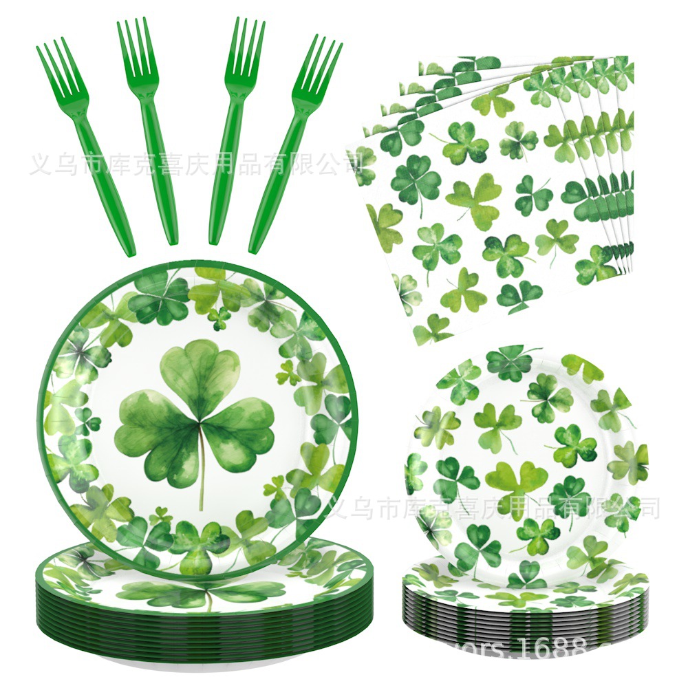 San Patricio de trébol fiesta decoración irlandesa bandeja de papel desechable taza de papel toallas de papel set de decoración de platos