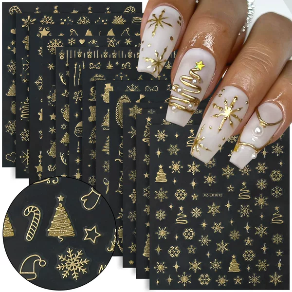 2025 Christmas Nail Art Stickers Hot Stamping Snowflakes Snowman Sweet Warm Winter Christmas Tree Gold Glitter Nail Art Stickers