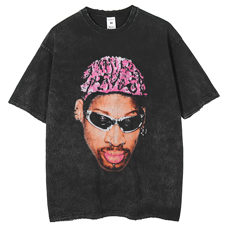 American Retro Basketball Star Dennis Rodman Printed Short-sleeved T-shirt High Street Washed Distressed Top Trendy American Retro Basketball Star Dennis Rodman Printed Short-sleeved T-shirt High Street Washed Distressed Top Trendy