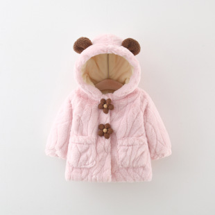 2024 Winter New Two Flowers Cartoon Hooded Woolen Sweater Coat Girls fleece-lined Thickened Woolen Sweater