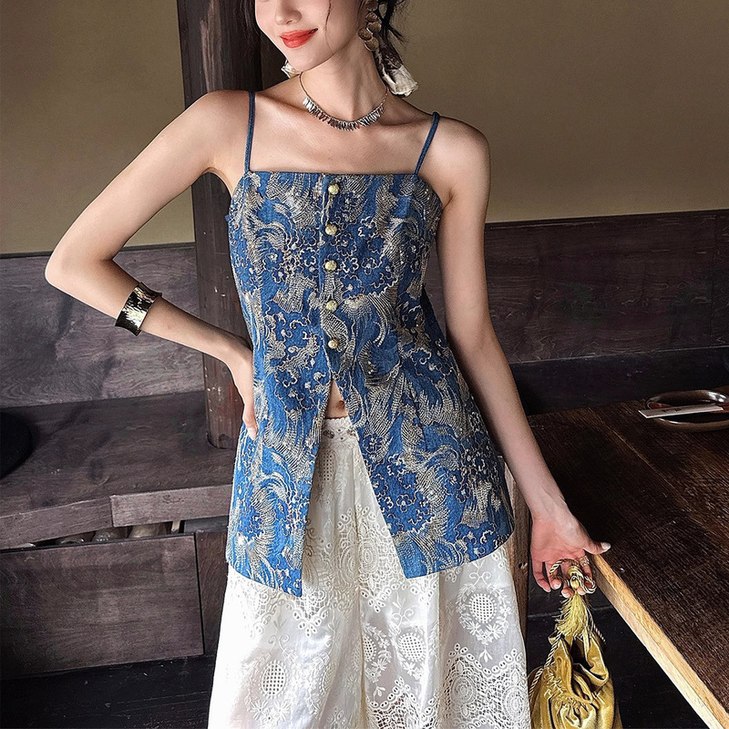 现货【泛灵】 新中式牛仔吊带背心女夏外穿新款无袖上衣吊带背心|undefined