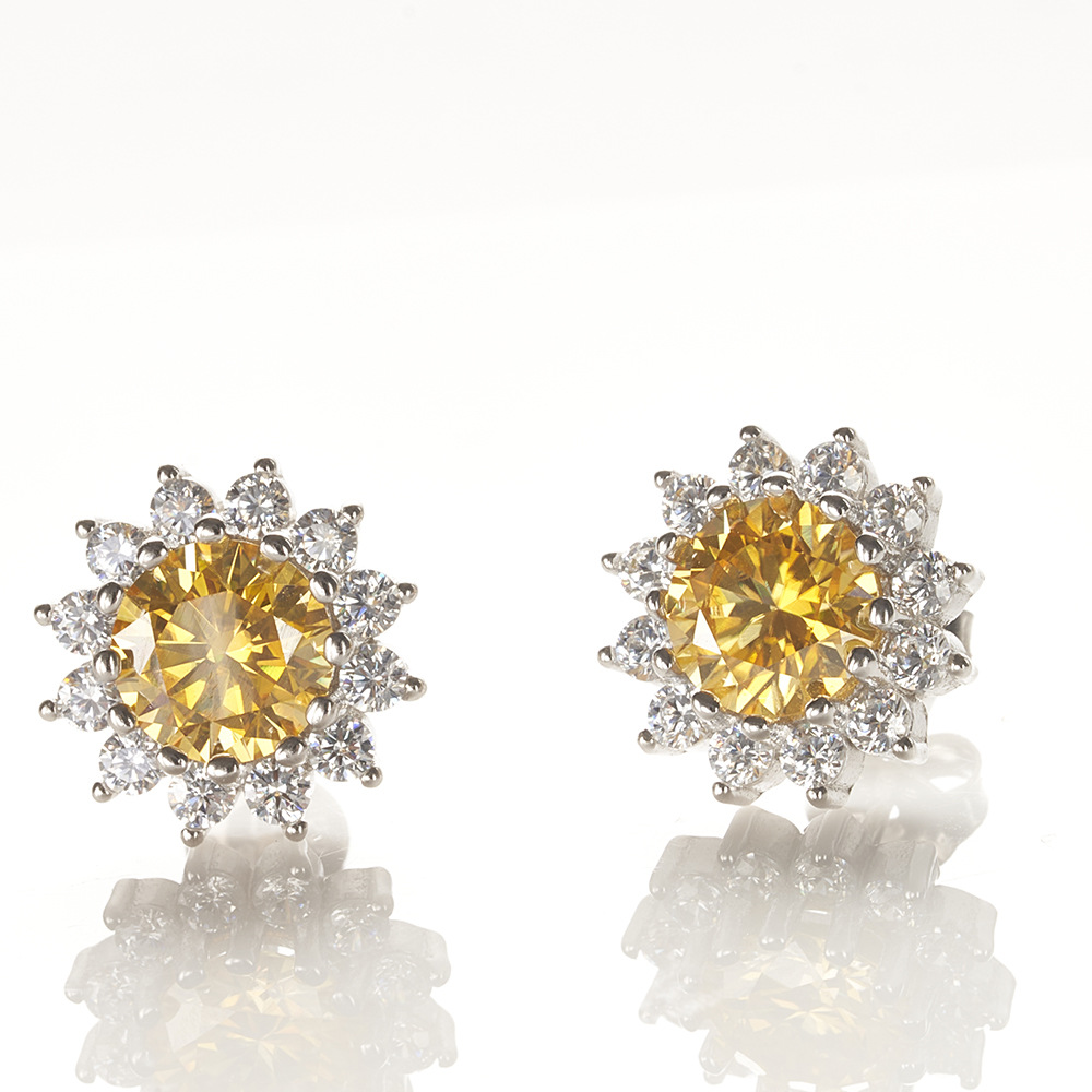 S925 plata esterlina diamante moissan pendientes 1 quilate 6.5mmX2 flores de sol redondas rosa color moissanita pendientes