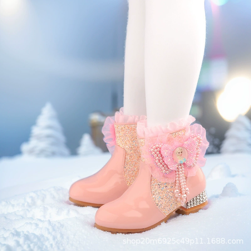 Детские короткие сапоги для девочек, зимние ботинки-мартинсы с кристаллами, на двойной хлопковой подкладке, с флисовой подкладкой, для трехлетних, ботинки принцессы Эльзы для малышей
