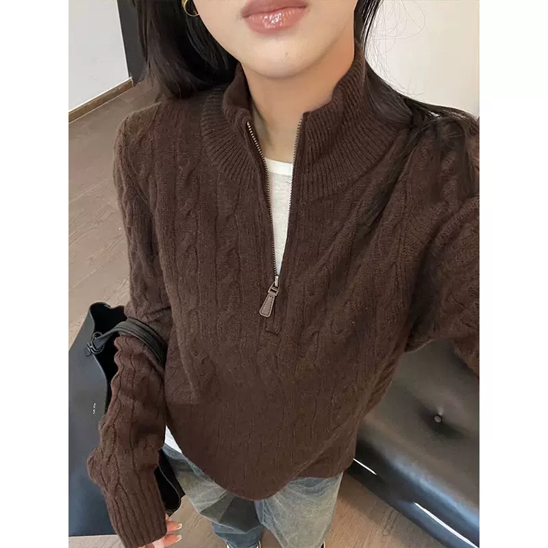 美式麻花半拉链百搭针织衫女秋冬美拉德高领毛衣打底内搭咖色上衣