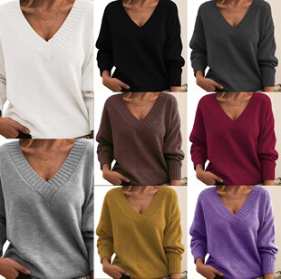 New Cross-Border Export European and American Style Knitted Pullover Tops for Women, Loose V Neck Casual Versatile Knitwears for Women Wholesale