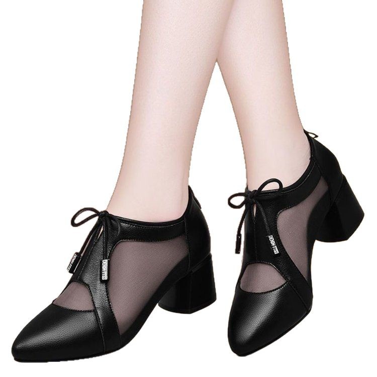 2025 primavera y verano nuevo estilo sandalias romanas con cremallera de tacón medio, zapatos individuales huecos de malla de madre, zapatos de mujer de mediana edad de tacón grueso