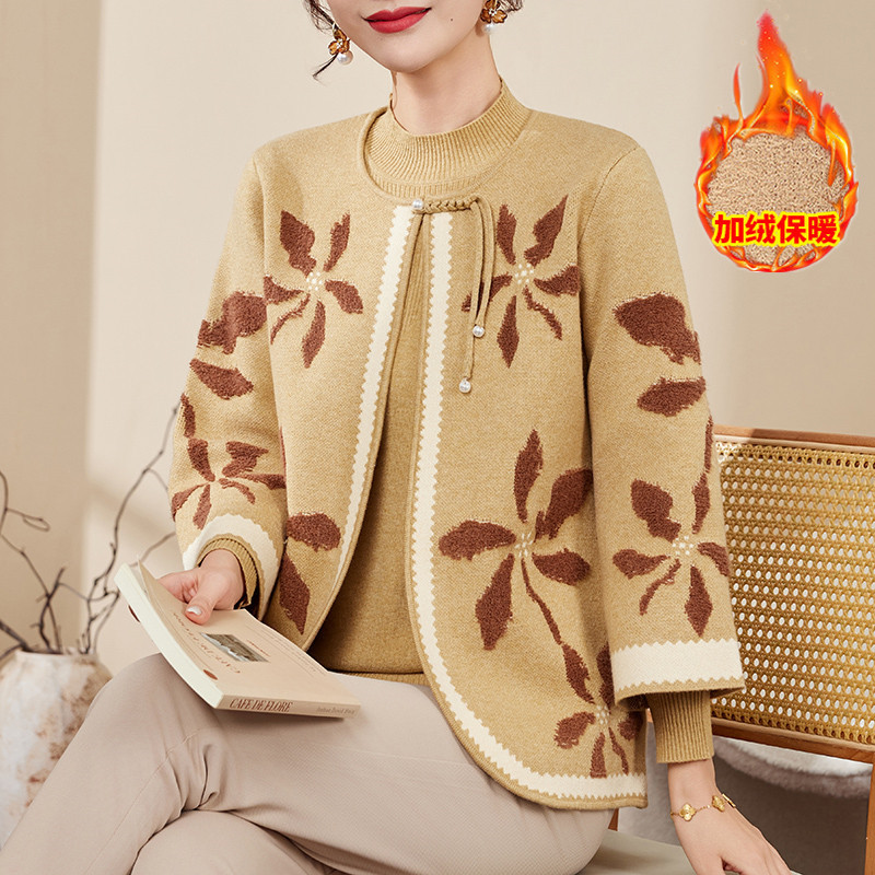妈妈秋装2025新款时尚针织开衫外套中老年女装春秋毛衣两件套装|undefined