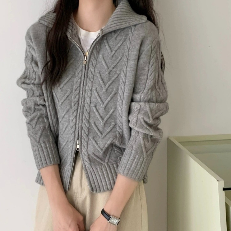 Gray Twist Zipper Suéter chaqueta mujer primavera y otoño engrosado diseño de nicho de vestir cardigan de punto perezoso