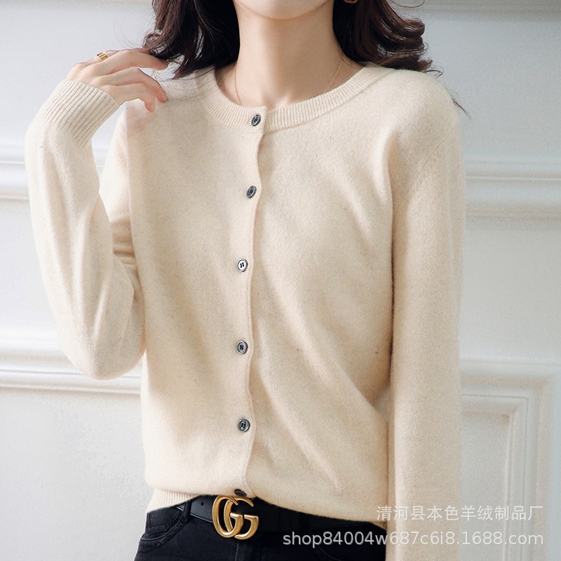 2025春秋新款女羊毛开衫圆领上衣短款小外套纯色针织开衫百搭外套|undefined