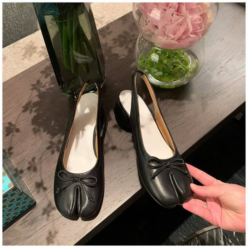 New Style Empty Back 3cm High Heel Tabi Split Toe Ballet Shoes Bow Mary Jane Pig Trotters Horseshoe Thick Heel
