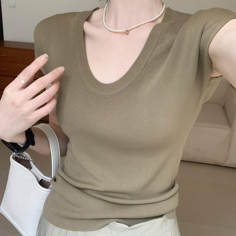 ファッショナブルなUネッククールトップ2025夏新作スリムフィット薄型多用途右肩半袖Tシャツ女性用|undefined